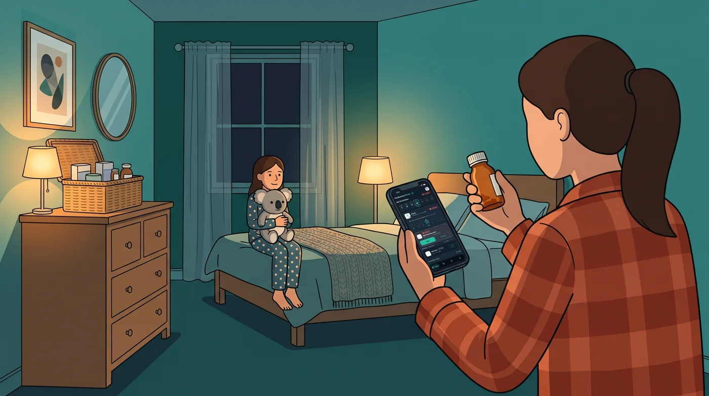 Illustration of a mother in her bedroom at night holding a nearly empty medicine bottle and checking her phone to mark it running low, while her daughter in pyjamas hugs a toy koala on the bed.