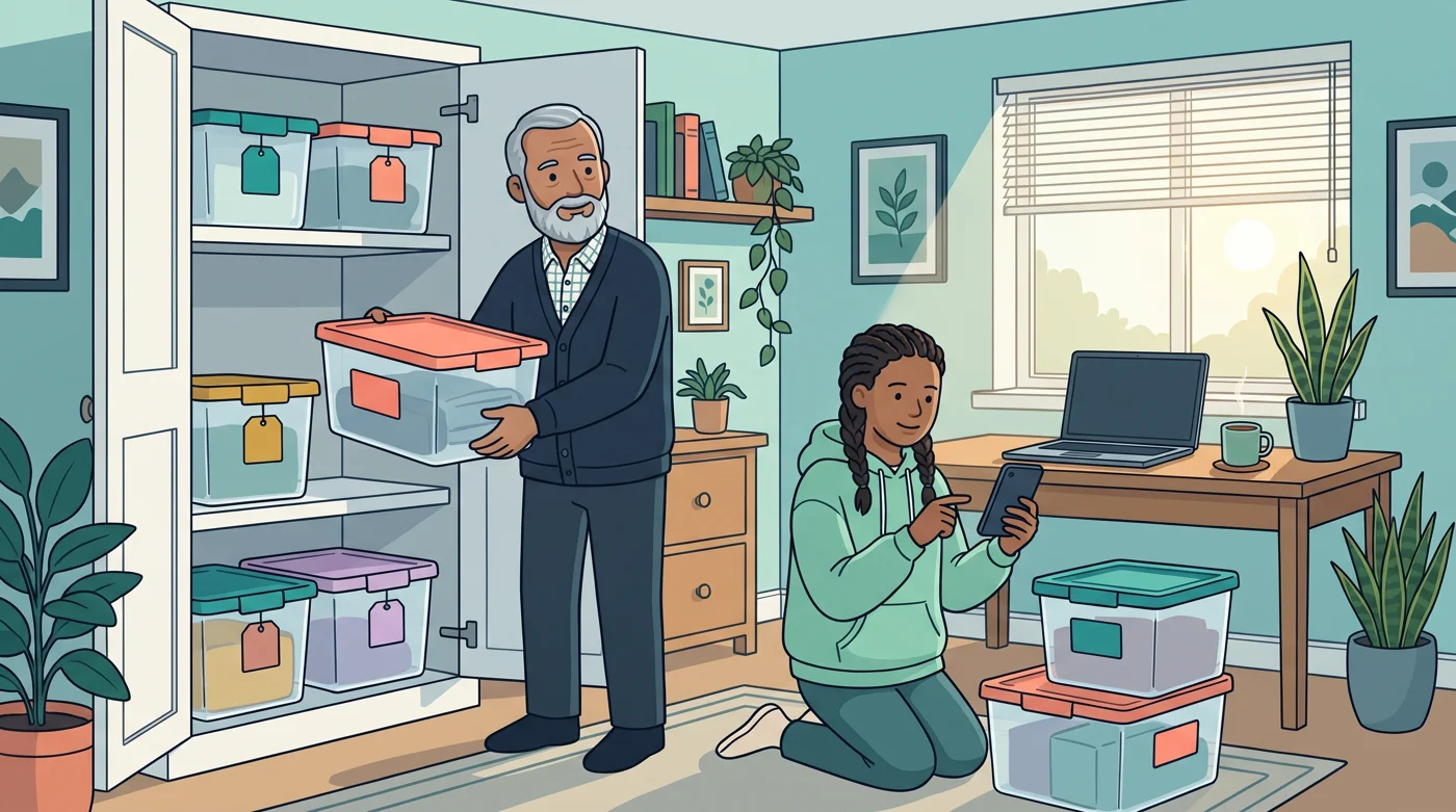 Illustration of a grandfather and his teenage granddaughter sorting colour-coded medicine tubs, one for each family member, into a study cupboard on a Saturday morning.