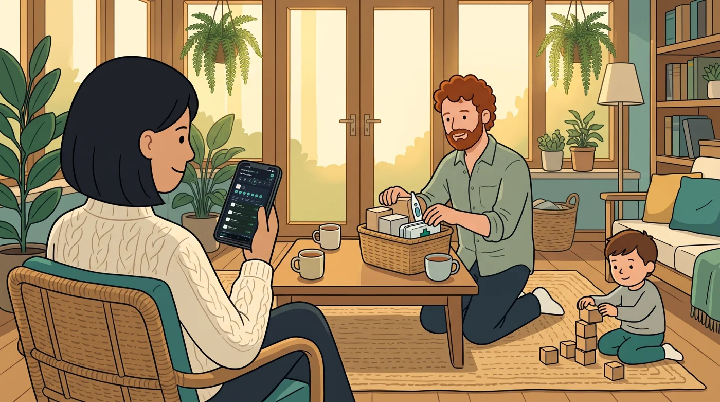 Illustration of a mother in a sunroom checking the week's logged doses on her phone during a Sunday family review while her partner sorts a basket of supplies and their toddler plays.