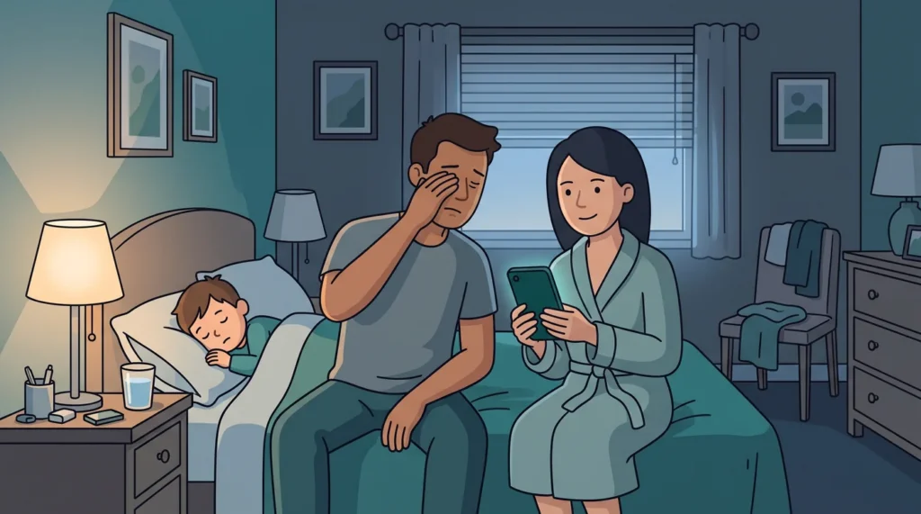 A parent checks a phone in a dim bedroom at night while a toddler sleeps.