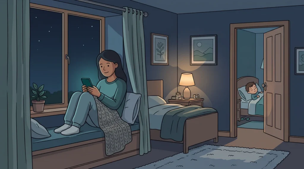 A mum sits on a bedroom window seat late at night with her phone while her child sleeps in the next room.