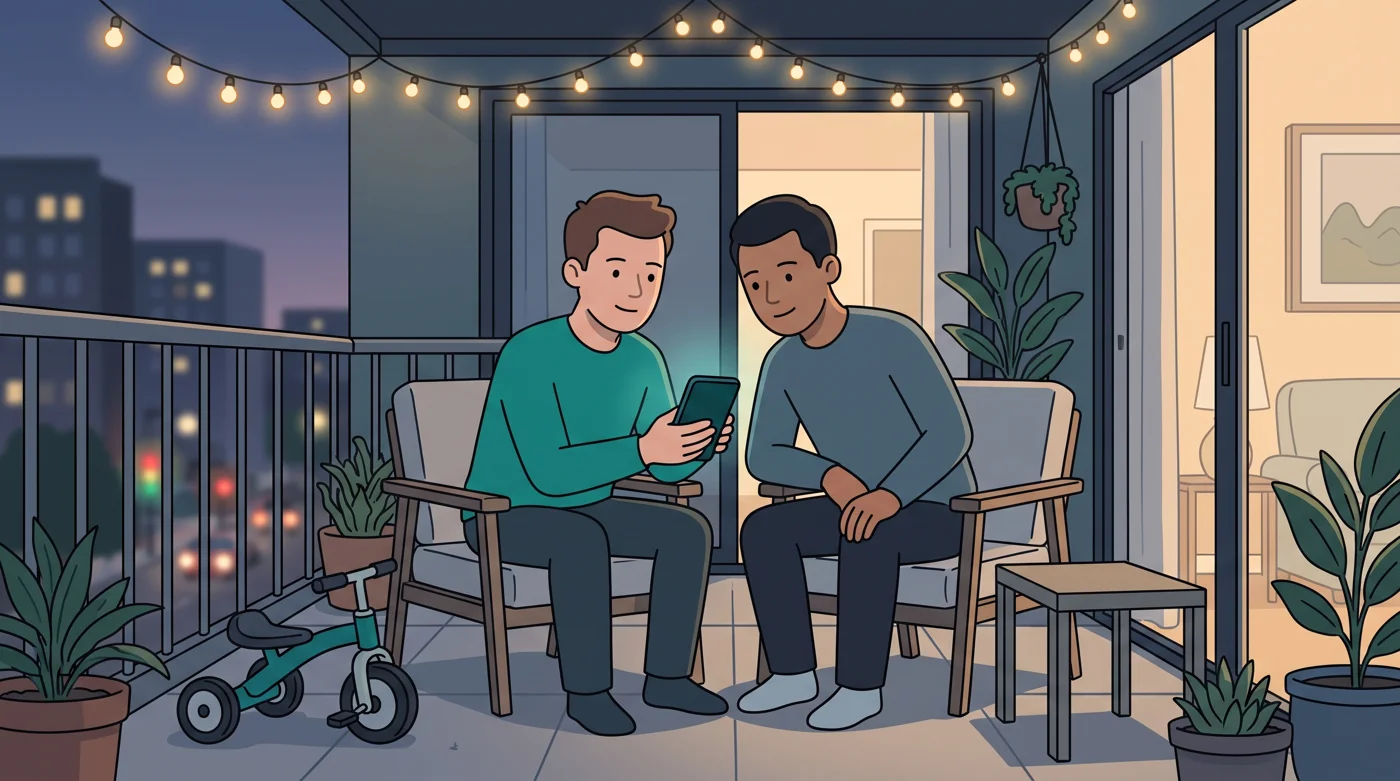 Two dads sit together under string lights on their apartment balcony, checking a shared health record on one phone.