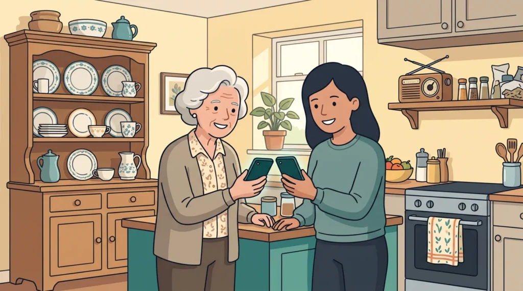 A grandmother and her adult daughter stand side by side at the kitchen bench, each looking at their phone.