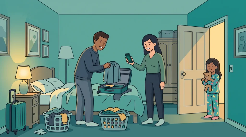 A dad packs a carry-on in the spare room as his partner checks a phone and their daughter watches from the doorway with her teddy.