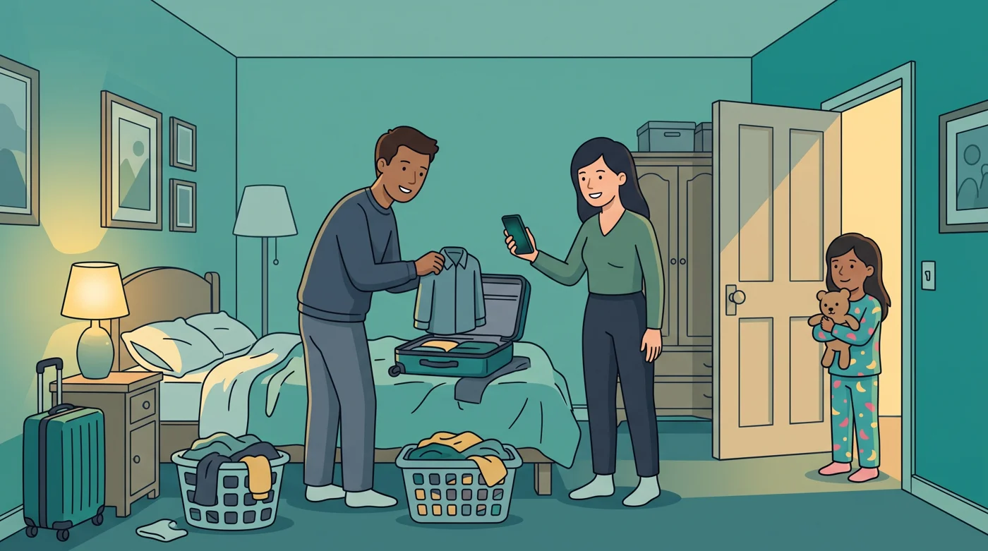 A dad packs a carry-on in the spare room as his partner checks a phone and their daughter watches from the doorway with her teddy.