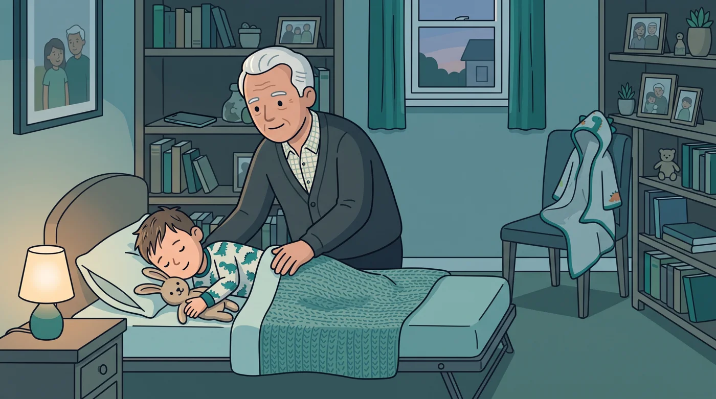 A grandfather tucks his grandson in dinosaur pyjamas into a fold-out bed in his spare room at bedtime.