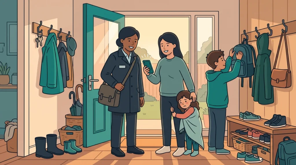A parent home from work is met in the mudroom by the other parent with a phone, as their sick daughter leans in and their son hangs up his school bag.