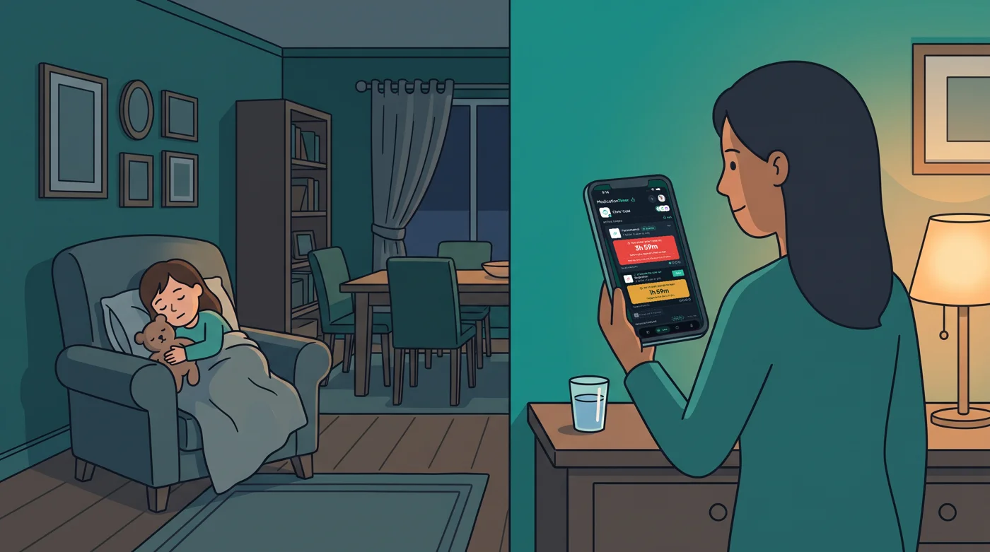 A parent in a lamp-lit dining room checks the as-needed medicine timer in Medication Timer while their daughter dozes in an armchair.