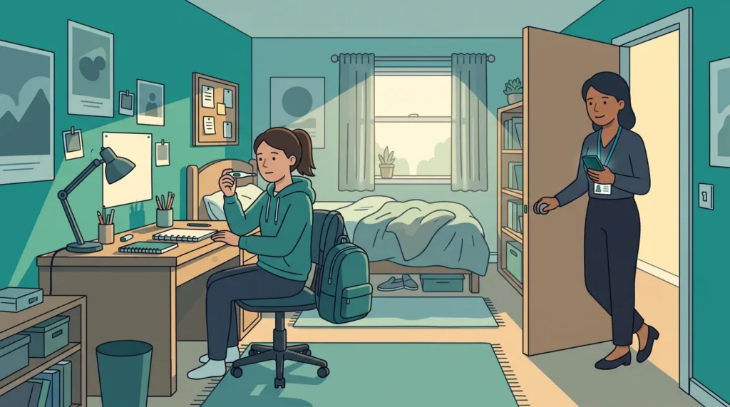 A teenage girl at her bedroom desk holds a thermometer while her mum looks in from the doorway.