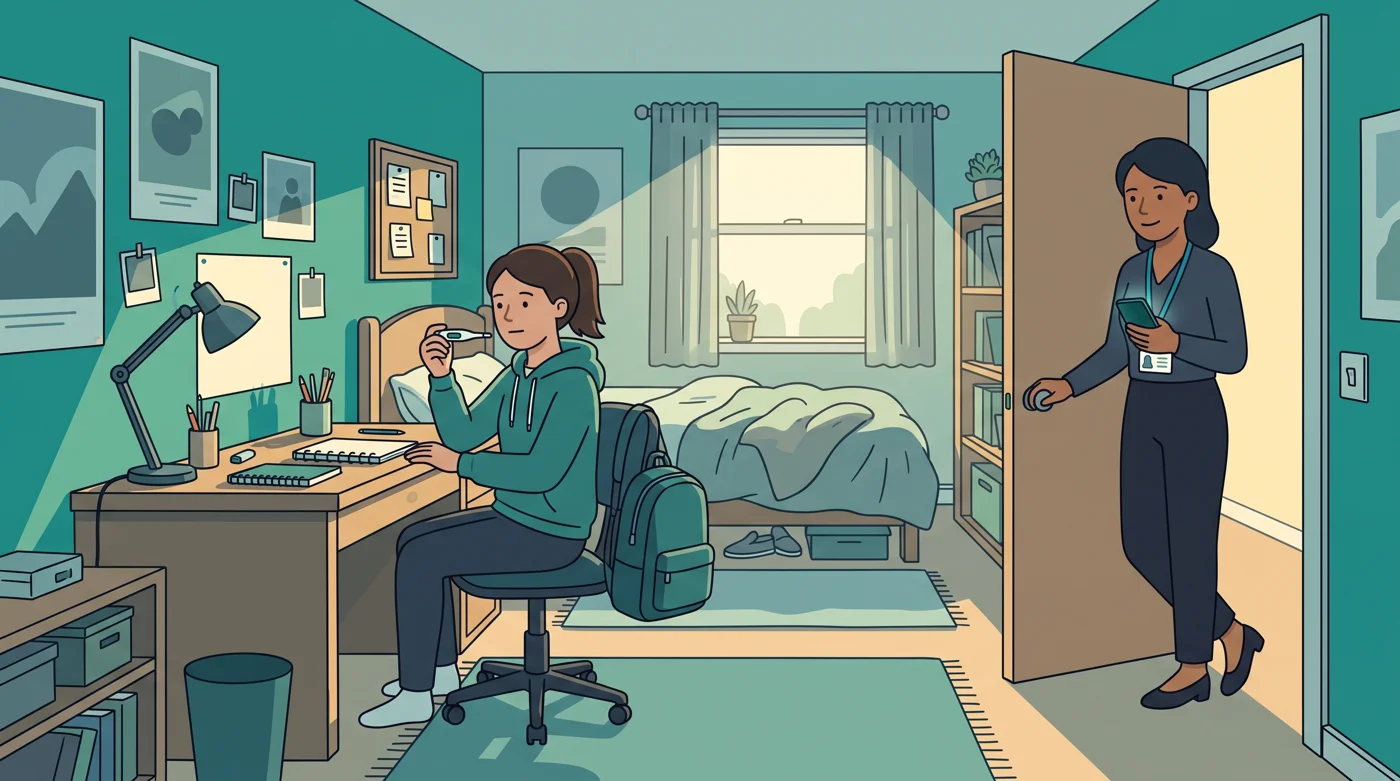 A teenage girl at her bedroom desk holds a thermometer while her mum looks in from the doorway.
