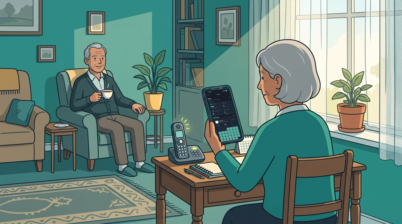 A woman at a writing desk reviews a 30-day medication report in Medication Timer before a call to the GP clinic, while her husband rests with a cup of tea.