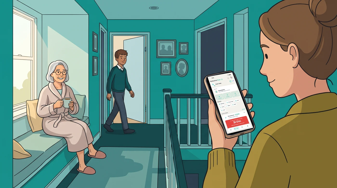 Illustration of an adult daughter on a sunlit upstairs landing checking a Care session countdown on her phone while her older mother sits on a window seat with a mug of tea.