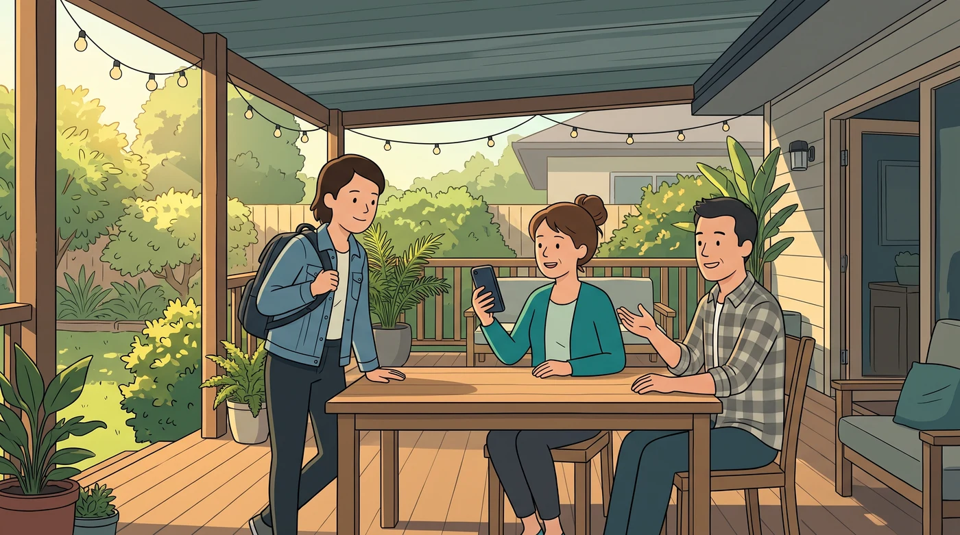 Illustration of parents on a covered back patio talking through the evening routine with an arriving carer while holding a smartphone.