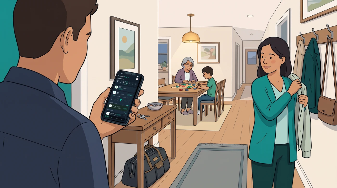 Illustration of a father arriving home in an open-plan hallway and checking the shared Medication Timer Today checklist on his phone while his partner puts on her jacket and a grandmother sits with their son at the dining table.