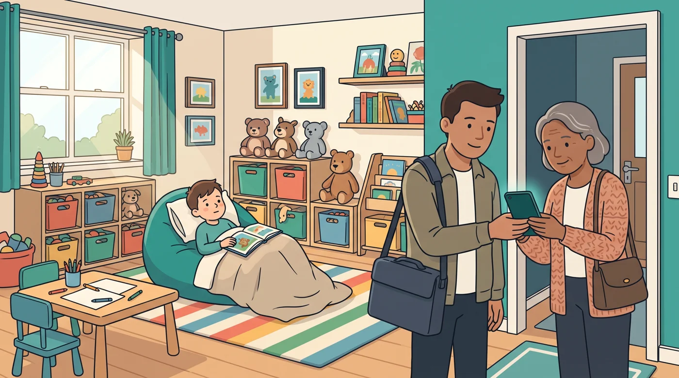 A boy reads on a beanbag under a blanket while his dad and grandmother check a phone together at the front door.