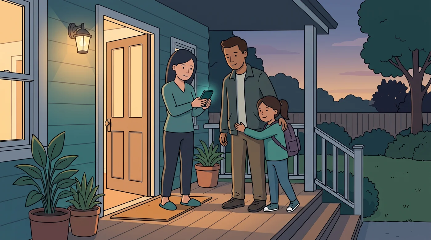 A dad who has just dropped his daughter home looks at the mum's phone with her on the front verandah at dusk.