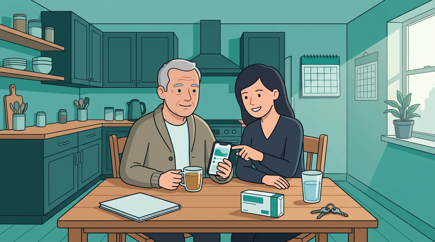 An older man and his adult daughter at a kitchen table reviewing his reading log on a phone before a clinic appointment