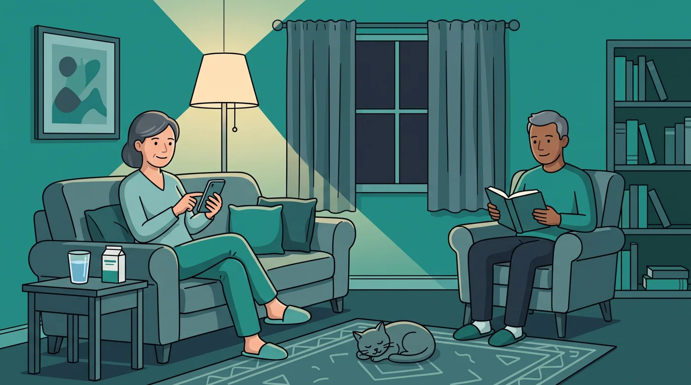 A woman on her living room sofa marking her evening medicine as taken on her phone while her partner reads nearby