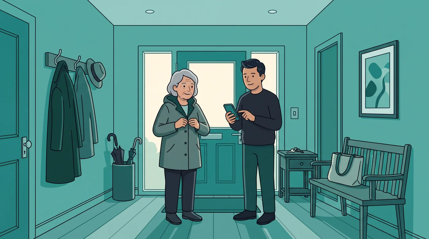 An adult son checking his mother's recent readings on his phone in the hallway as she gets ready for a clinic visit