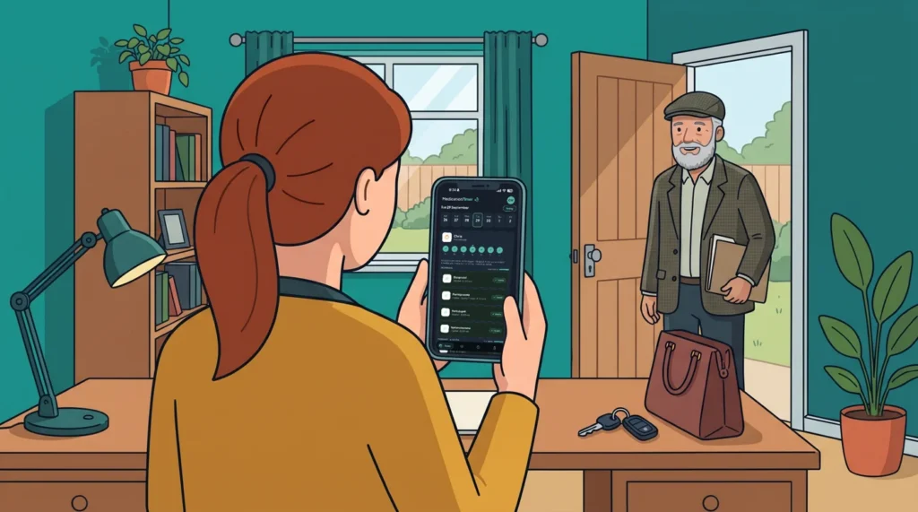 Illustration of a woman in a home study checking the past week of her father's logged doses in Medication Timer on her phone before driving him to an appointment, while he waits in the doorway with his jacket and a folder.