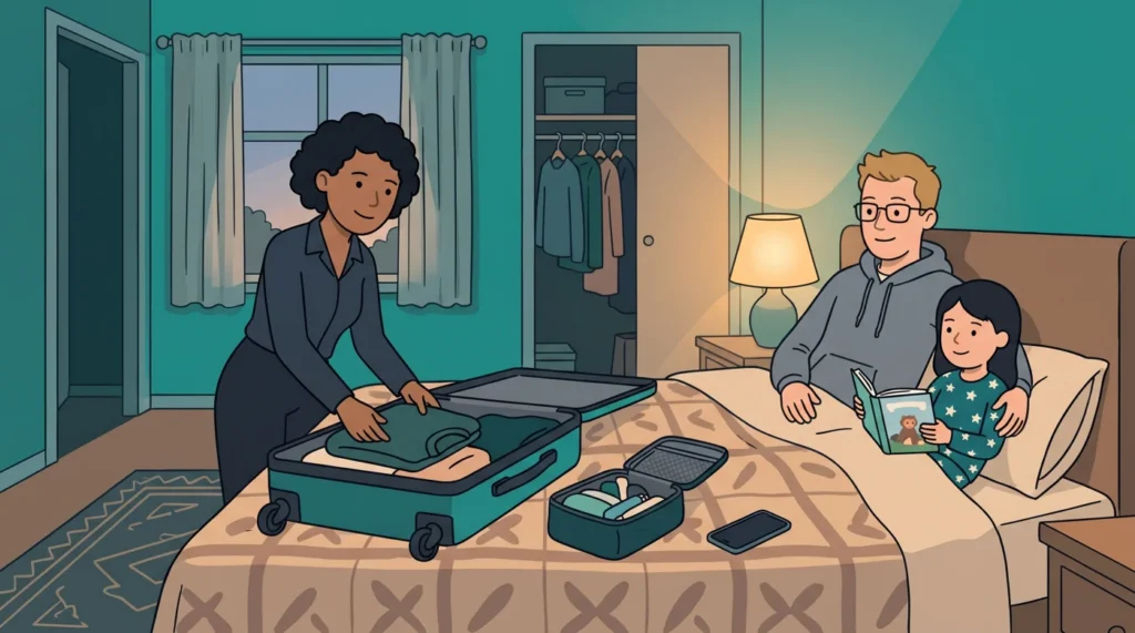 Illustration of a mum packing a suitcase for a work trip in the main bedroom while her partner sits on the bed with their young daughter in pyjamas, ready to take over bedtime.