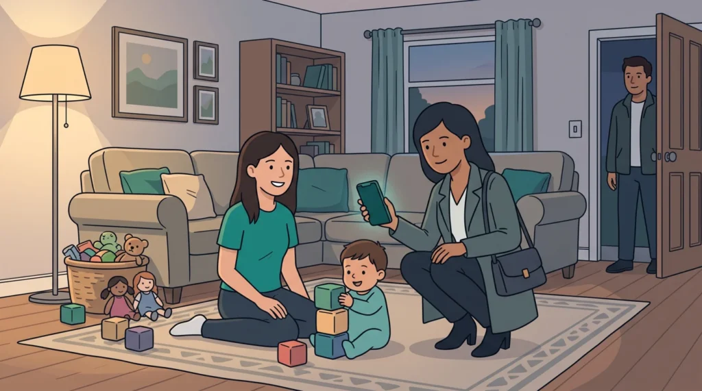 A mum crouches with her phone beside the babysitter and toddler on the living room rug as the dad waits in the doorway.