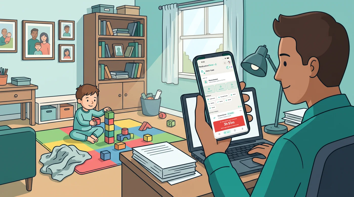 A dad working from home checks the next dose and quick log in Medication Timer while his son, home sick, builds a block tower.