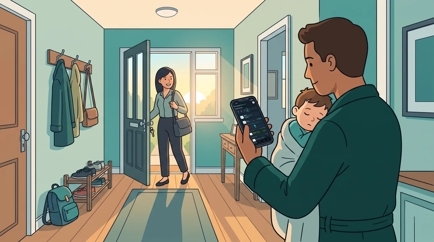 Illustration of a dad in a dressing gown holding a sleepy toddler in the front hallway at sunrise, checking the shared Medication Timer Today screen on his phone as mum heads out the front door to work.