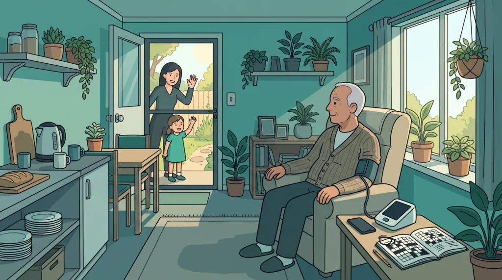 Illustration of a grandfather in a recliner in his granny flat before breakfast, a blood pressure cuff on his arm and the monitor beside him, as his daughter and granddaughter wave through the screen door from the garden.