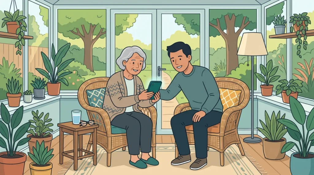 A grandmother in a wicker chair in the sunroom looks at her phone with her adult son leaning in beside her.