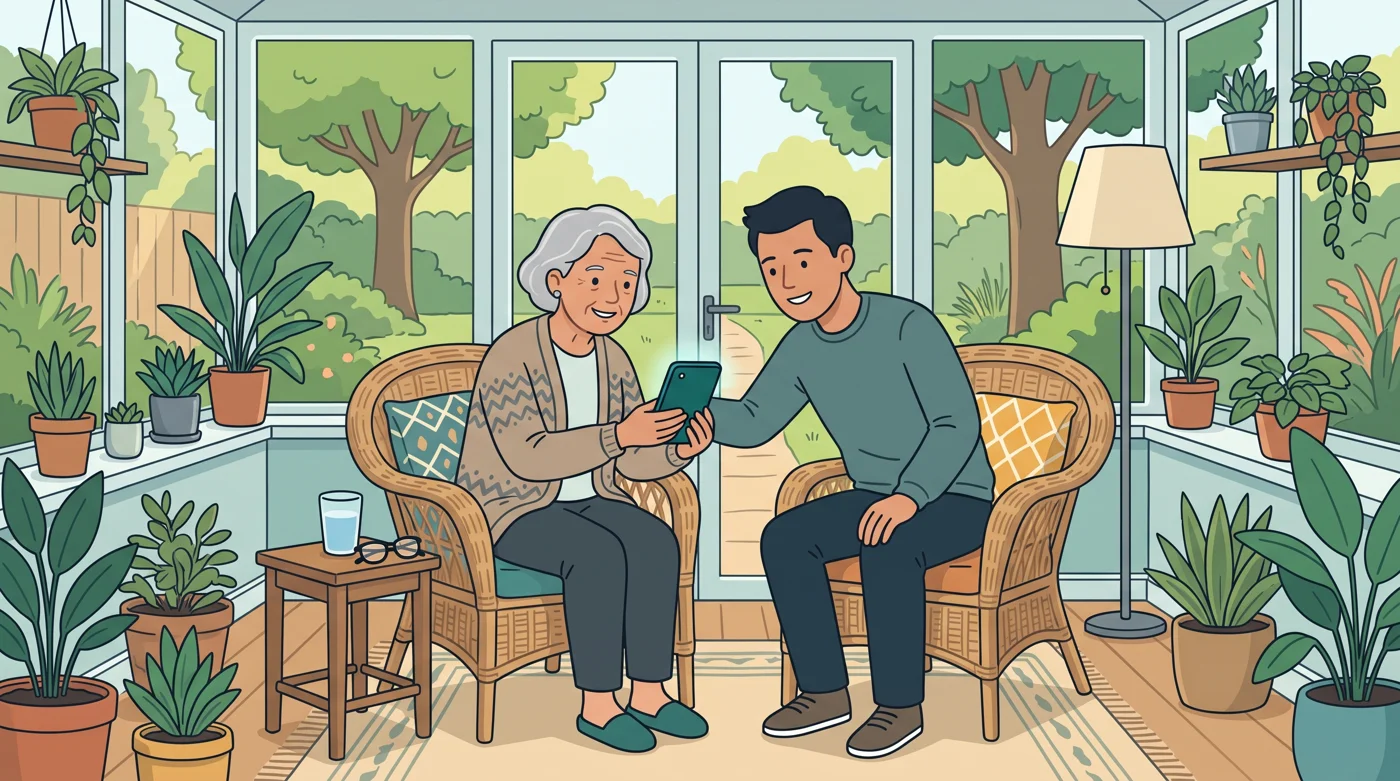 A grandmother in a wicker chair in the sunroom looks at her phone with her adult son leaning in beside her.