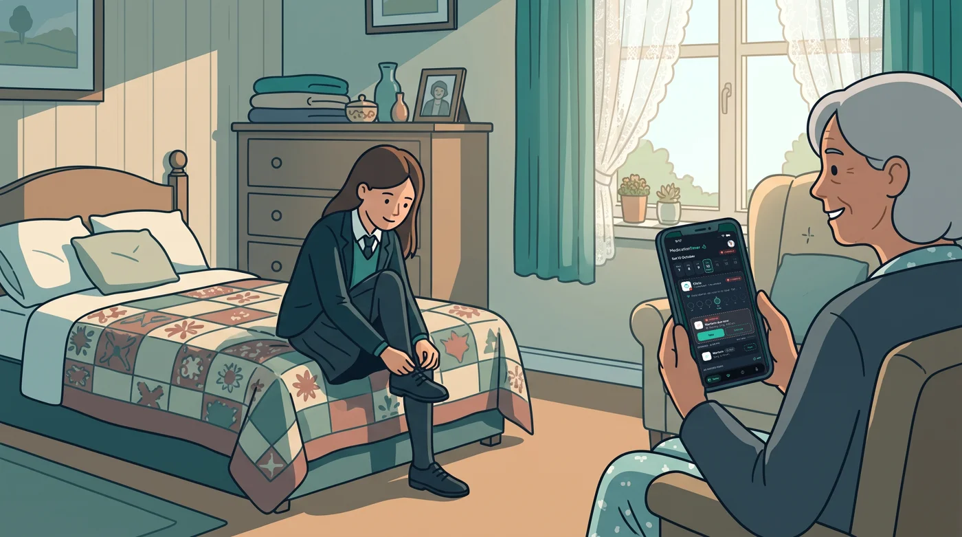 A grandmother by her bedroom window smiles at a Medication Timer reminder with Take and Snooze options while her granddaughter ties her school shoes.