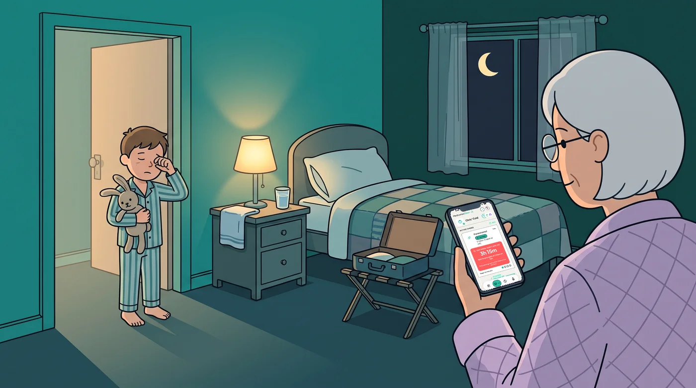 Illustration of a grandmother staying over in a guest bedroom at night, checking active Care timers on her phone while her sleepy grandchild stands in the doorway.