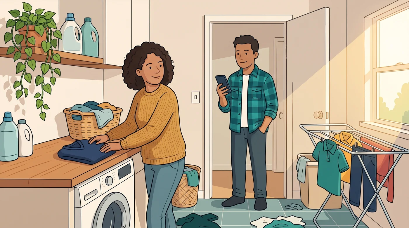 Illustration of two parents in a home laundry on a Saturday morning talking through the week’s care routine while one holds a smartphone.