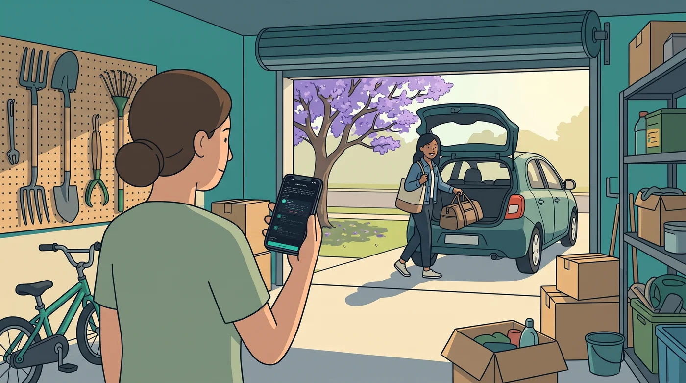 Illustration of a mother in the family garage checking the household sharing screen on her phone while her sister loads a bag into her car after a fortnight of helping.