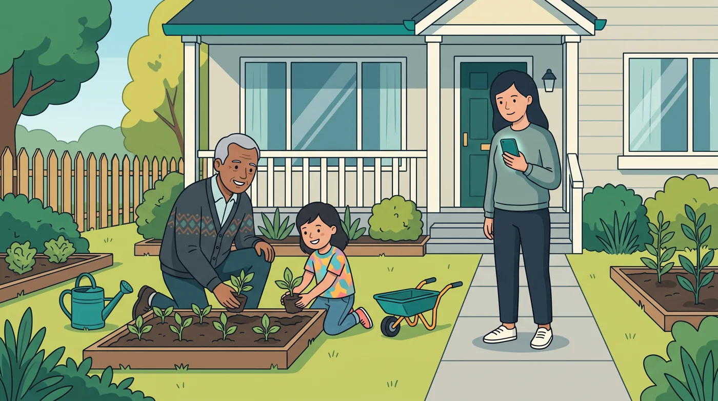 A grandfather and granddaughter plant seedlings in a raised garden bed while a family member checks a phone on the front path.