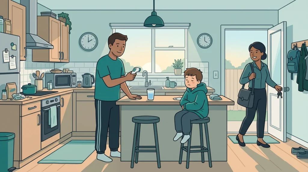 A parent hands over the morning in the kitchen before school, checking the family's medicines on a phone.
