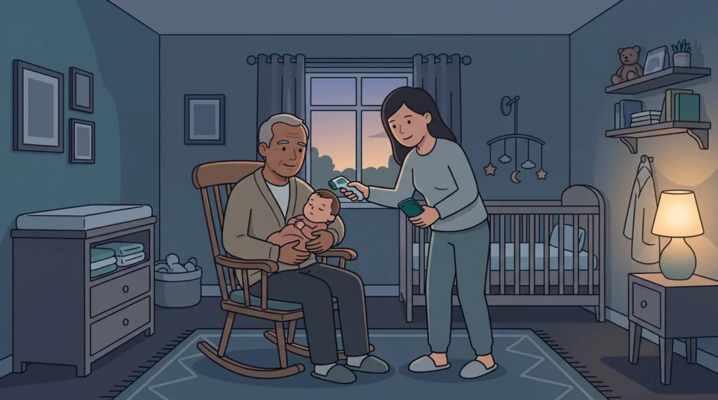 A grandfather rocks a sleepy baby in the nursery at dusk while the mum holds a forehead thermometer and her phone.