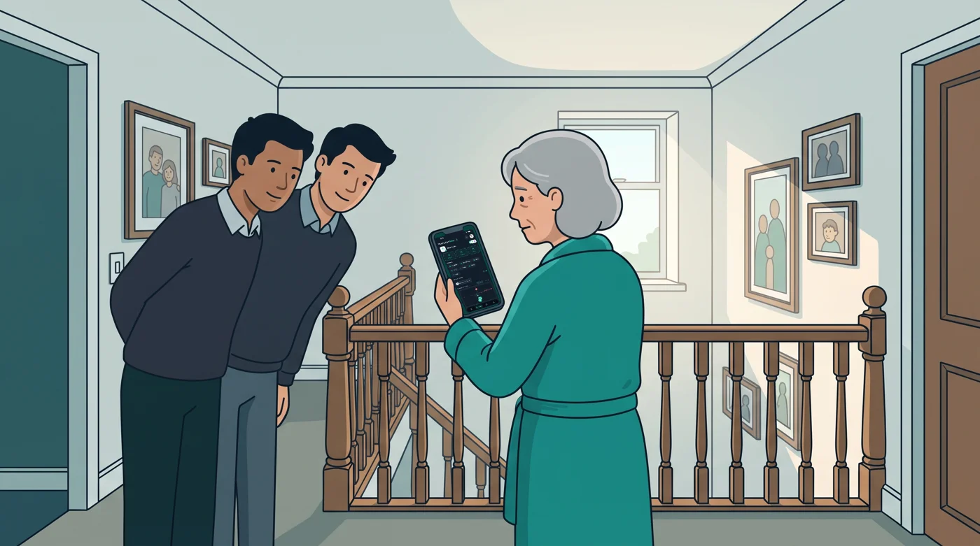 A grandmother in a dressing gown shows the overnight temperature and medicine timeline in Medication Timer on the stair landing as the family takes over for the morning.