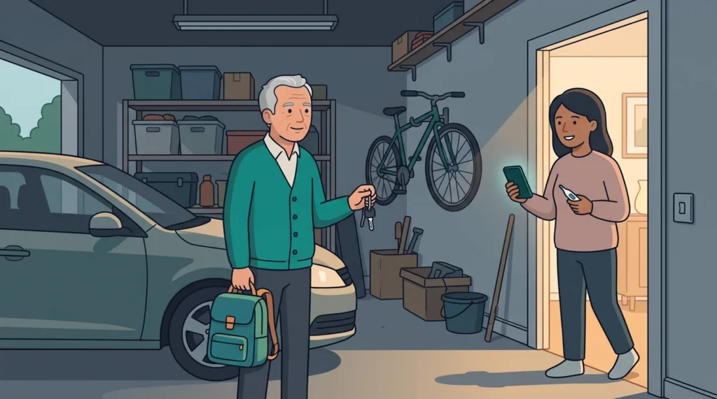 A grandfather in the garage picks up the car keys and his grandchild's school bag for the afternoon run.