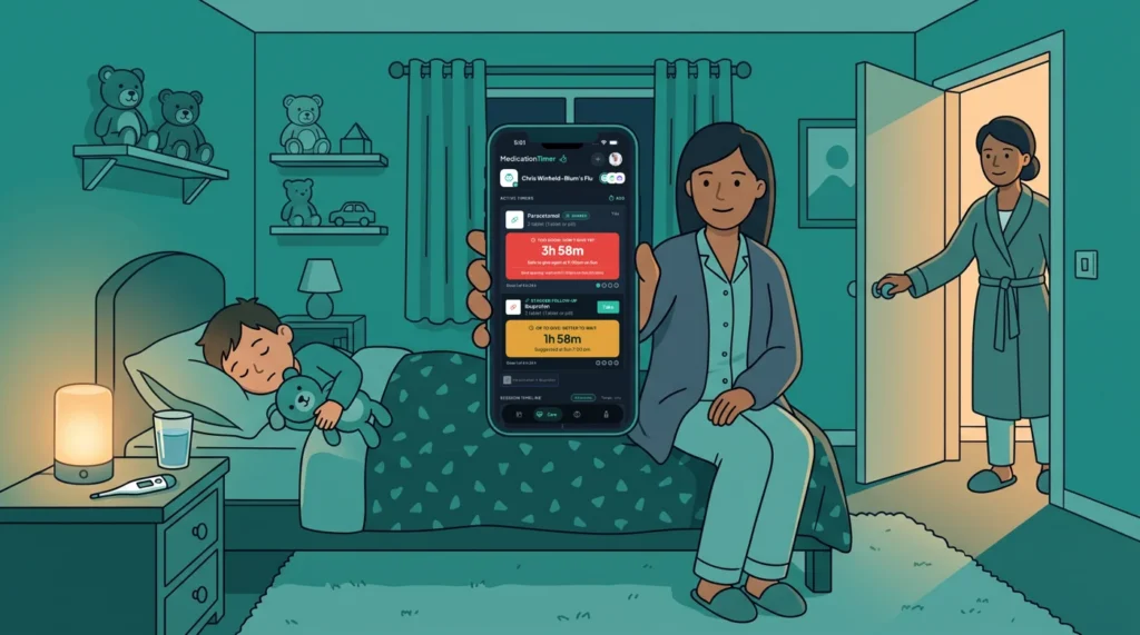 A parent at a sleeping child's bedside at night checking the Medication Timer Care screen, with the other parent in the doorway