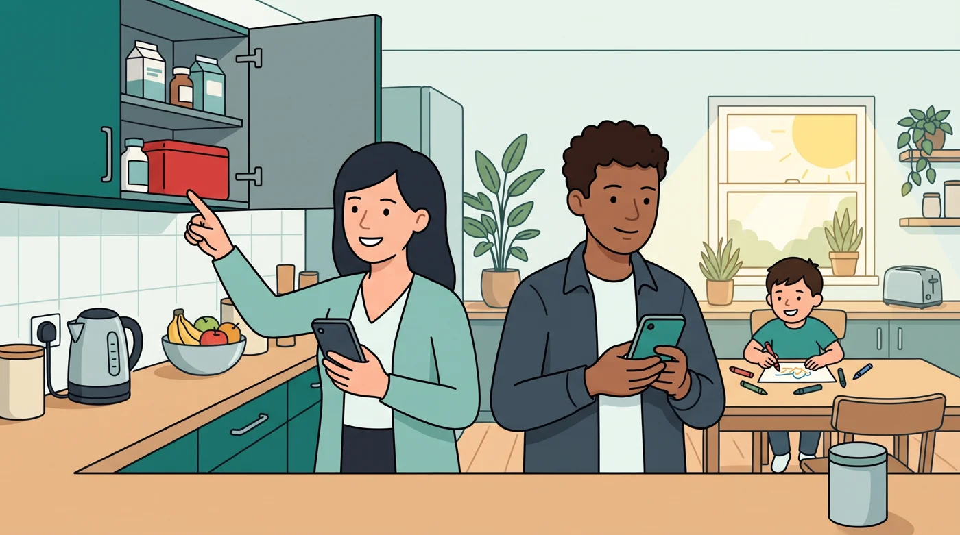 Two parents at the kitchen bench setting up a shared medicine log on their phones while their child draws at the table