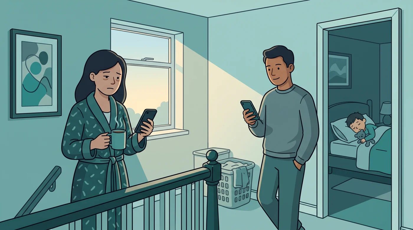 Two parents handing over on the landing at dawn, each checking the same record on their own phone while their child sleeps
