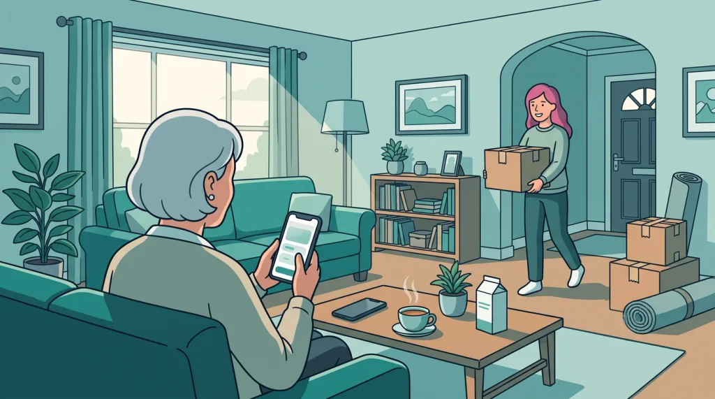 A grandmother updating the family list on her phone as her adult daughter carries moving boxes to the door