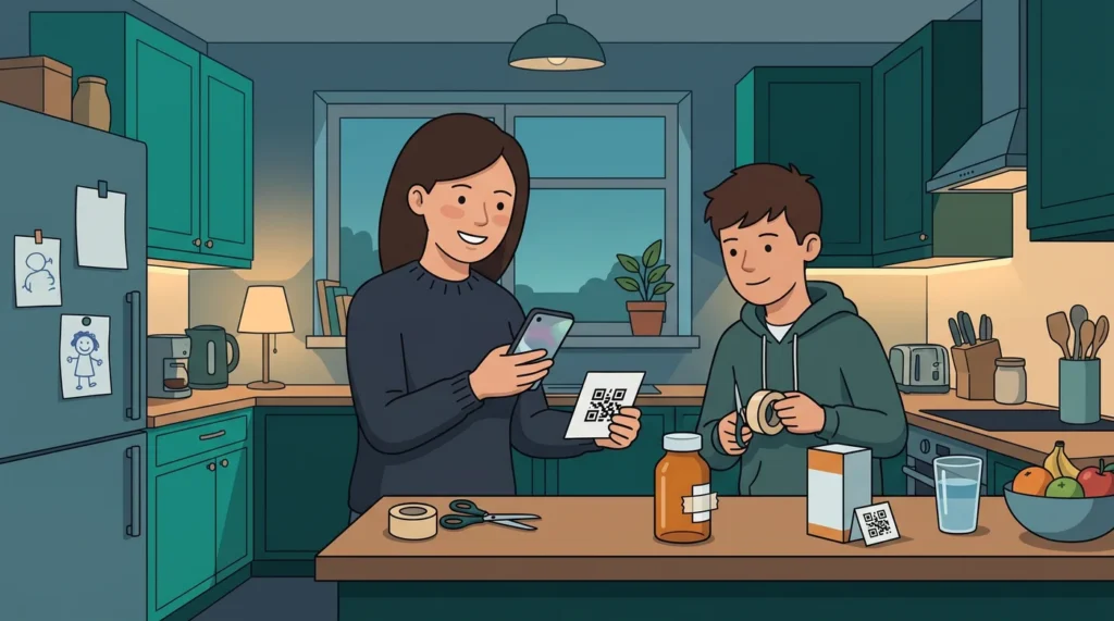 A mum scanning a printed code card taped to a medicine bottle with her phone camera while her teenage son holds the tape
