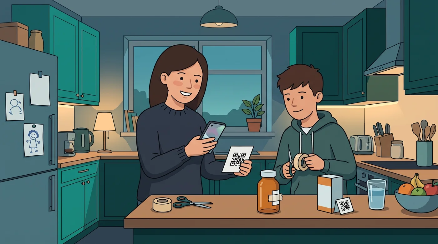 A mum scanning a printed code card taped to a medicine bottle with her phone camera while her teenage son holds the tape
