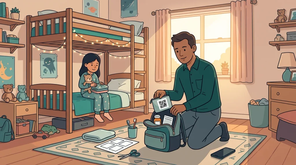 A dad packing a medicine pouch with a printed code card into his daughter's overnight bag as she sits on her bunk with her teddy