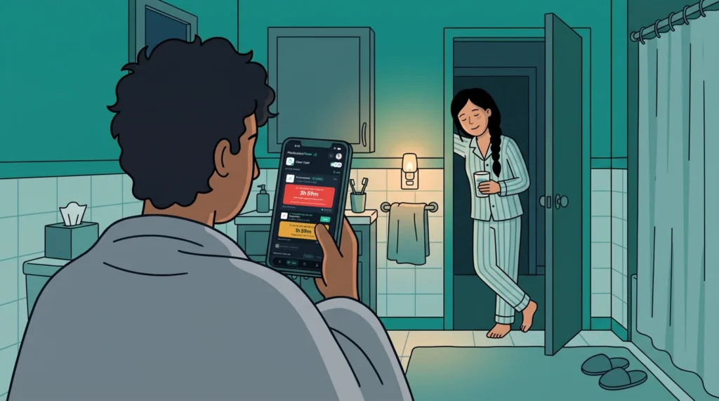 Illustration of a dad recovering from a cold standing at the bathroom vanity at 2 am, checking the Medication Timer countdown on his phone to see when his last dose was logged while his partner brings him a glass of water.