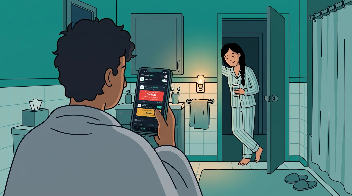 Illustration of a dad recovering from a cold standing at the bathroom vanity at 2 am, checking the Medication Timer countdown on his phone to see when his last dose was logged while his partner brings him a glass of water.