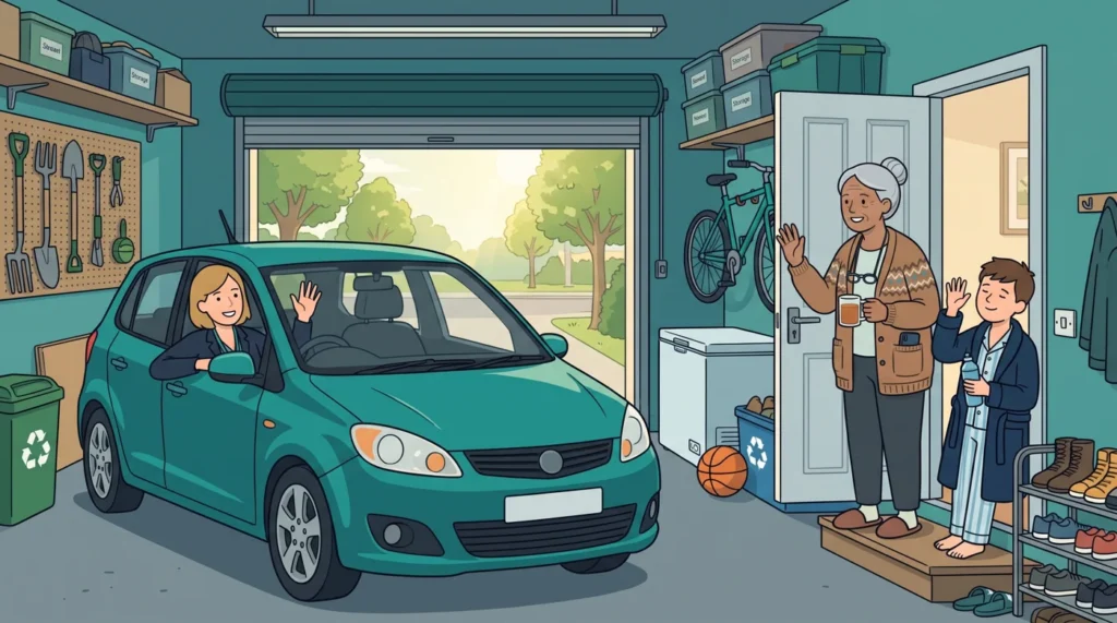 Illustration of a morning caregiver handover in a family garage, as a mum leaves for work in the car and the grandmother at the door to the house takes over for the day with a recovering boy beside her.